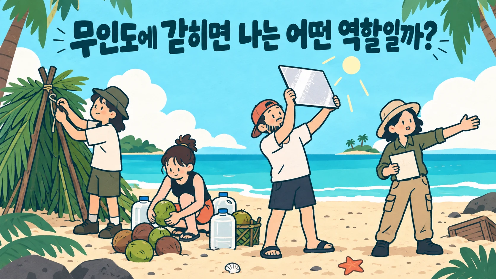 무인도에 갇히면 나는 어떤 역할일까? 해변에서 서로 다른 일을 맡는 표류자들