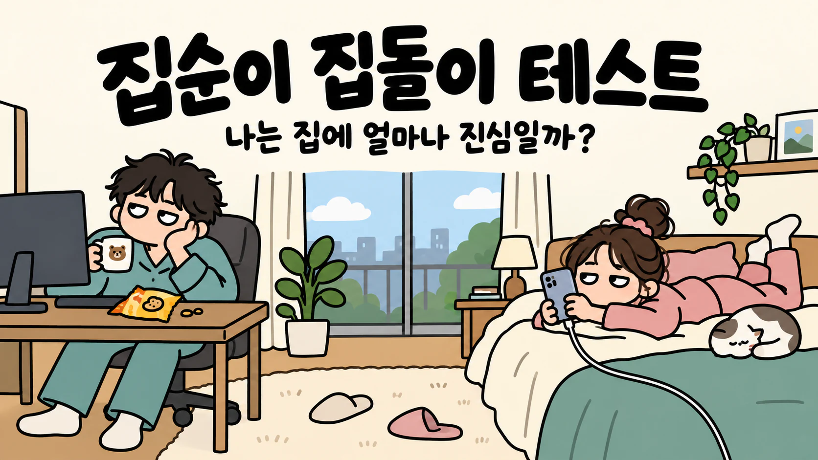 집순이 집돌이 테스트 — 나는 집에 얼마나 진심일까? 한 방 안의 남자 컴퓨터 존과 여자 침대·폰 존