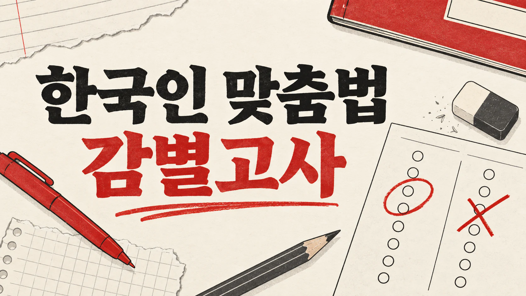 한국인 맞춤법 감별고사 — 빨간펜과 두 선택지가 놓인 시험지