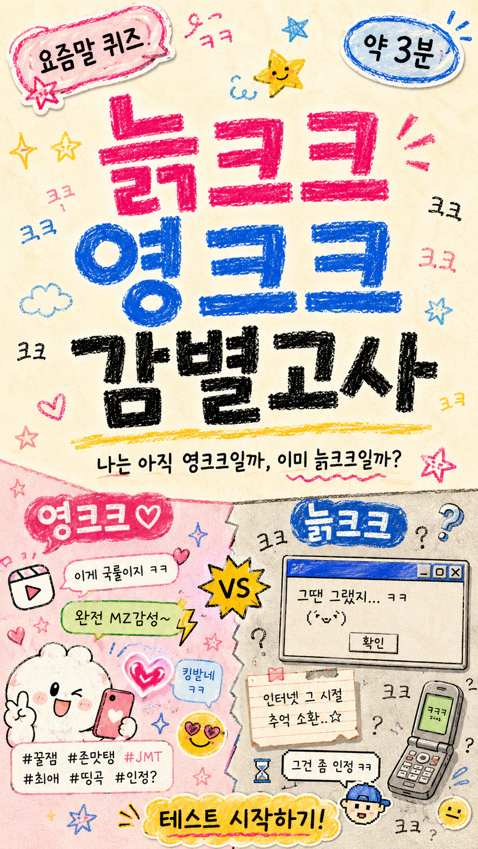 늙크크 영크크 감별고사, 100문제 중 랜덤 15문제로 내 밈 감각 확인하기