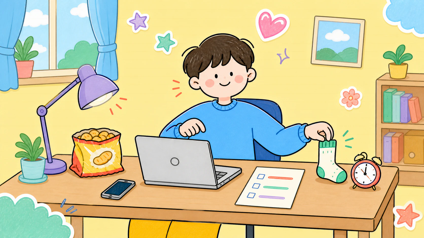 해야 할 일과 폰, 침대 사이에서 잡아당겨지는 미루기 유형 테스트 캐릭터