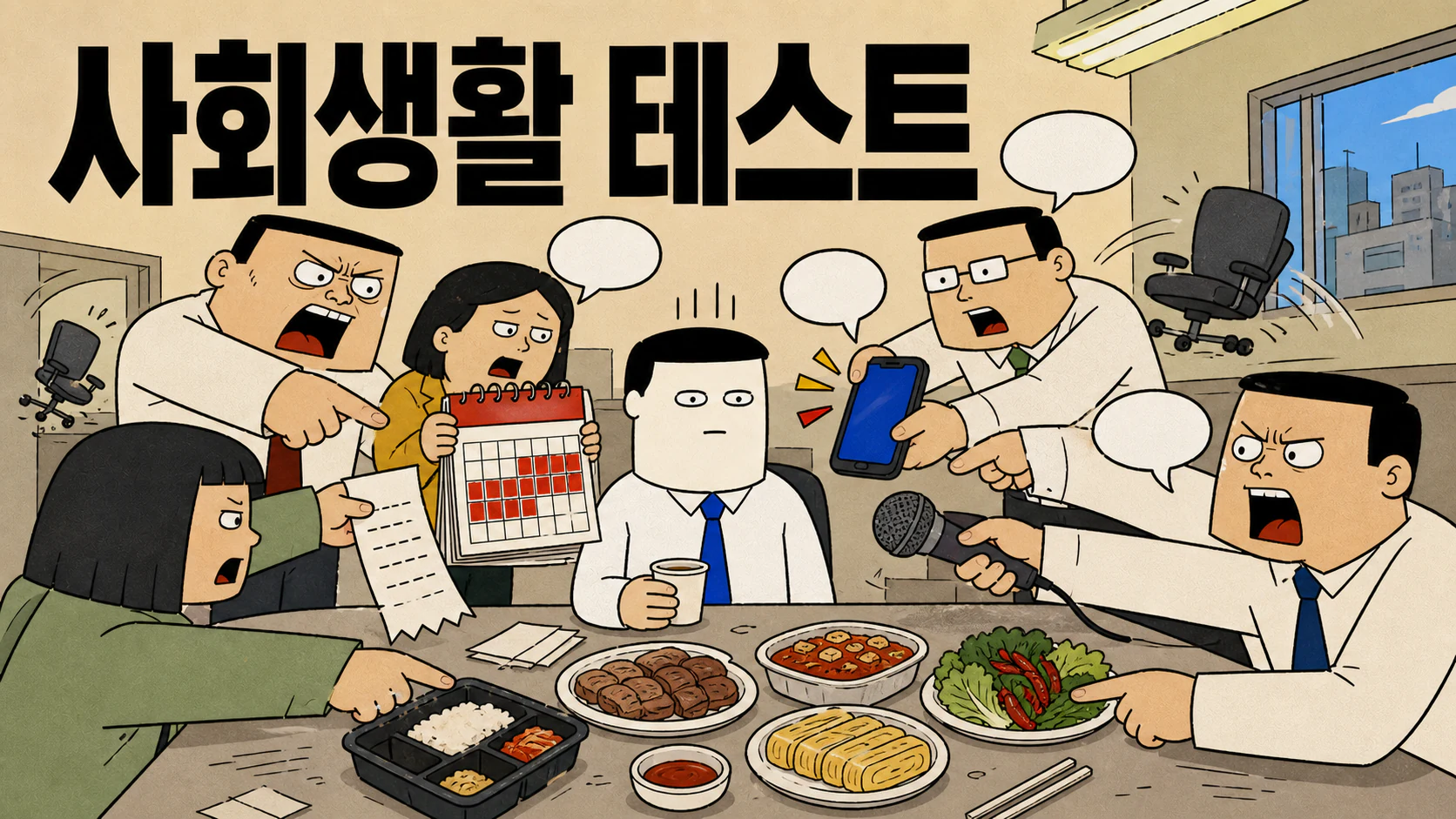 사회생활 테스트 제목 아래 회의, 정산, 단톡과 점심 메뉴 압박을 동시에 받는 직장인